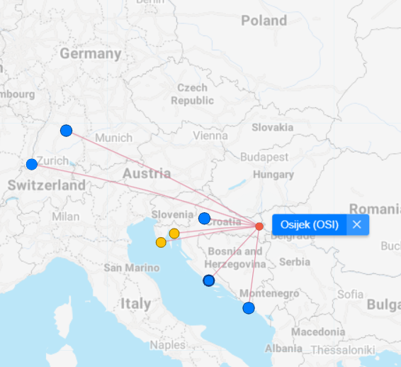 Osijek Airport is connected to all of the major European airports