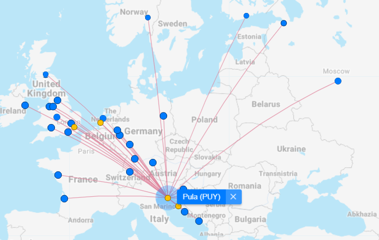 Pula Airport is connected to all of the major European airports